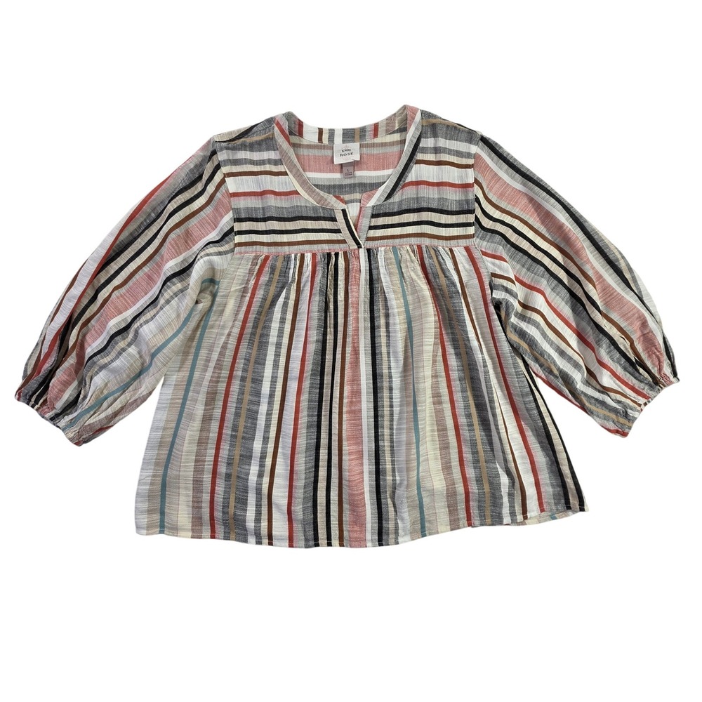 Knox Rose Womens Striped Boho Blouse Multi-Color 3/4 Balloon Sleeve Top Large